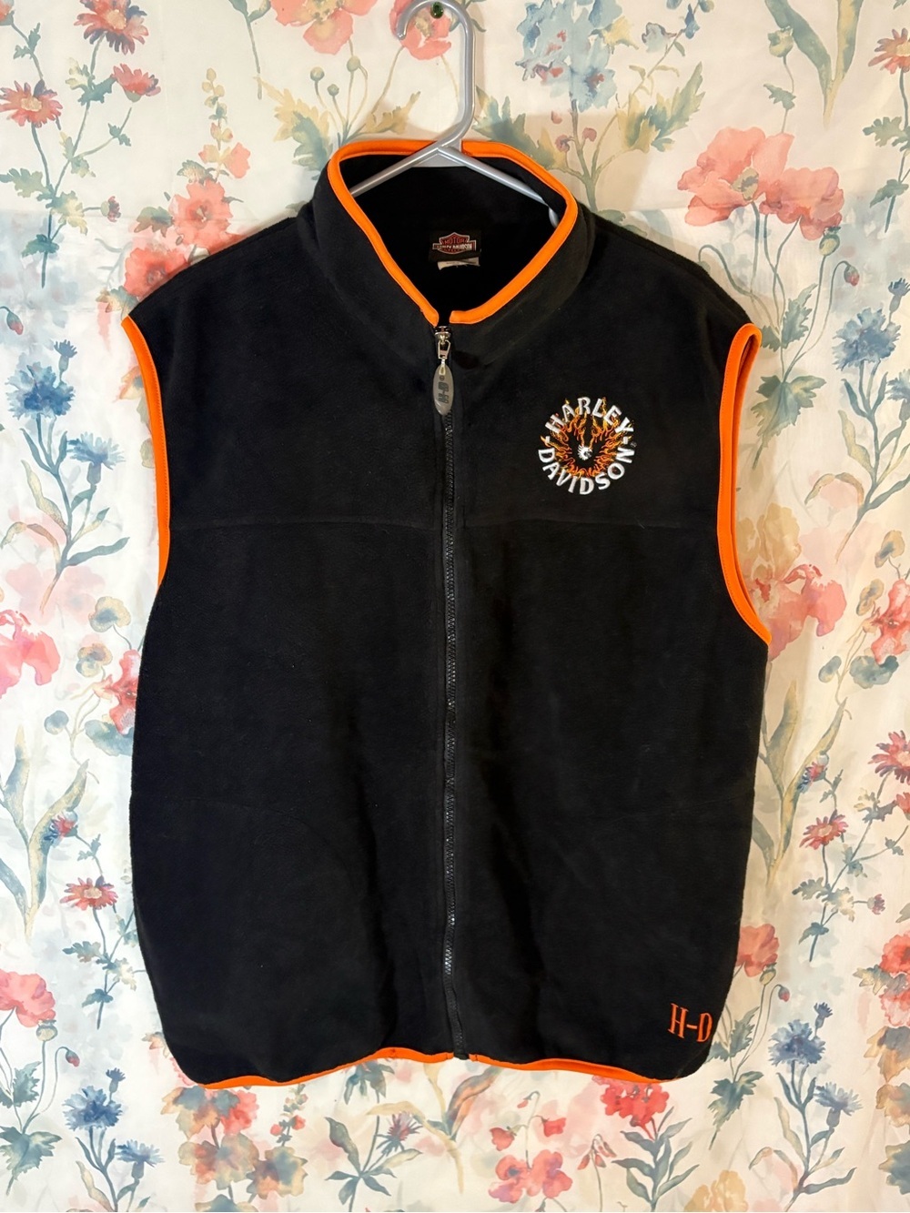 Vintage Harley-Davidson Black Fleece Vest with Orange Trim